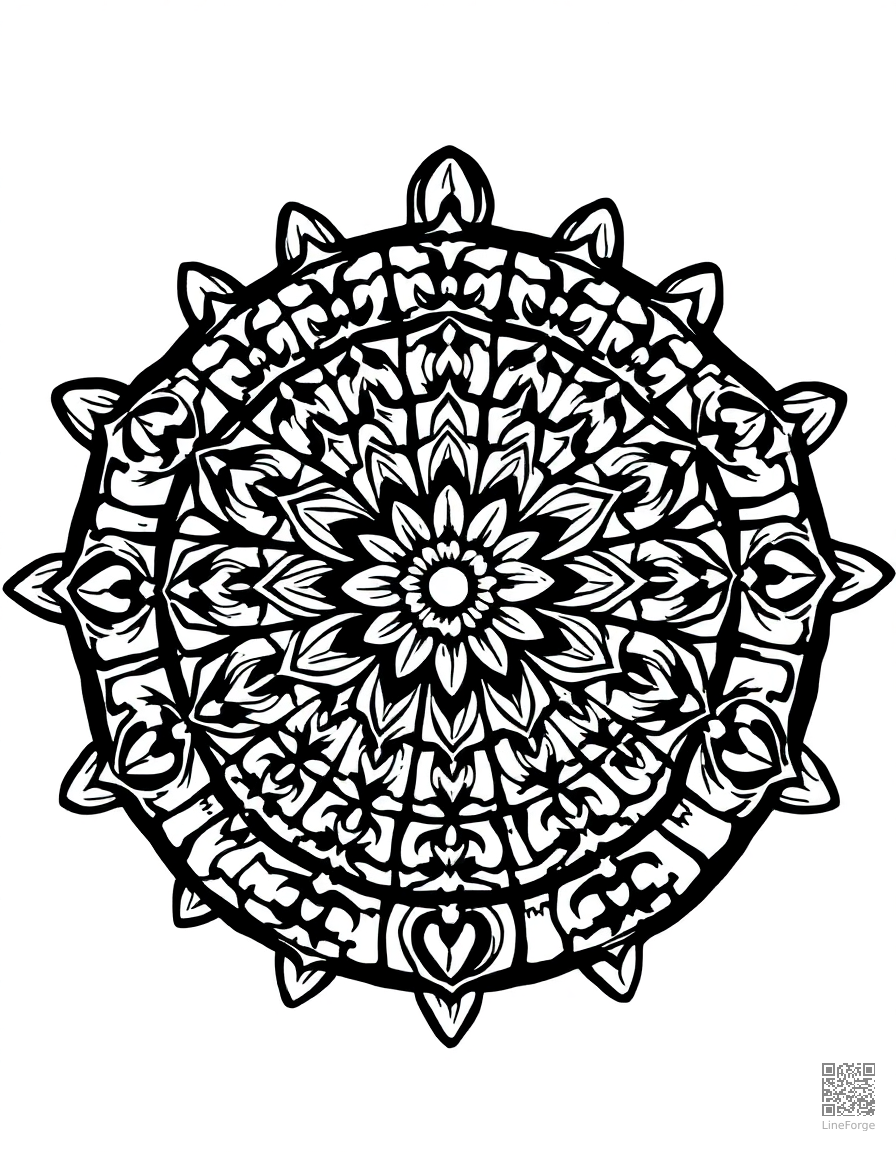 intricate mandala with floral center design coloring page Woodcut style - free printable