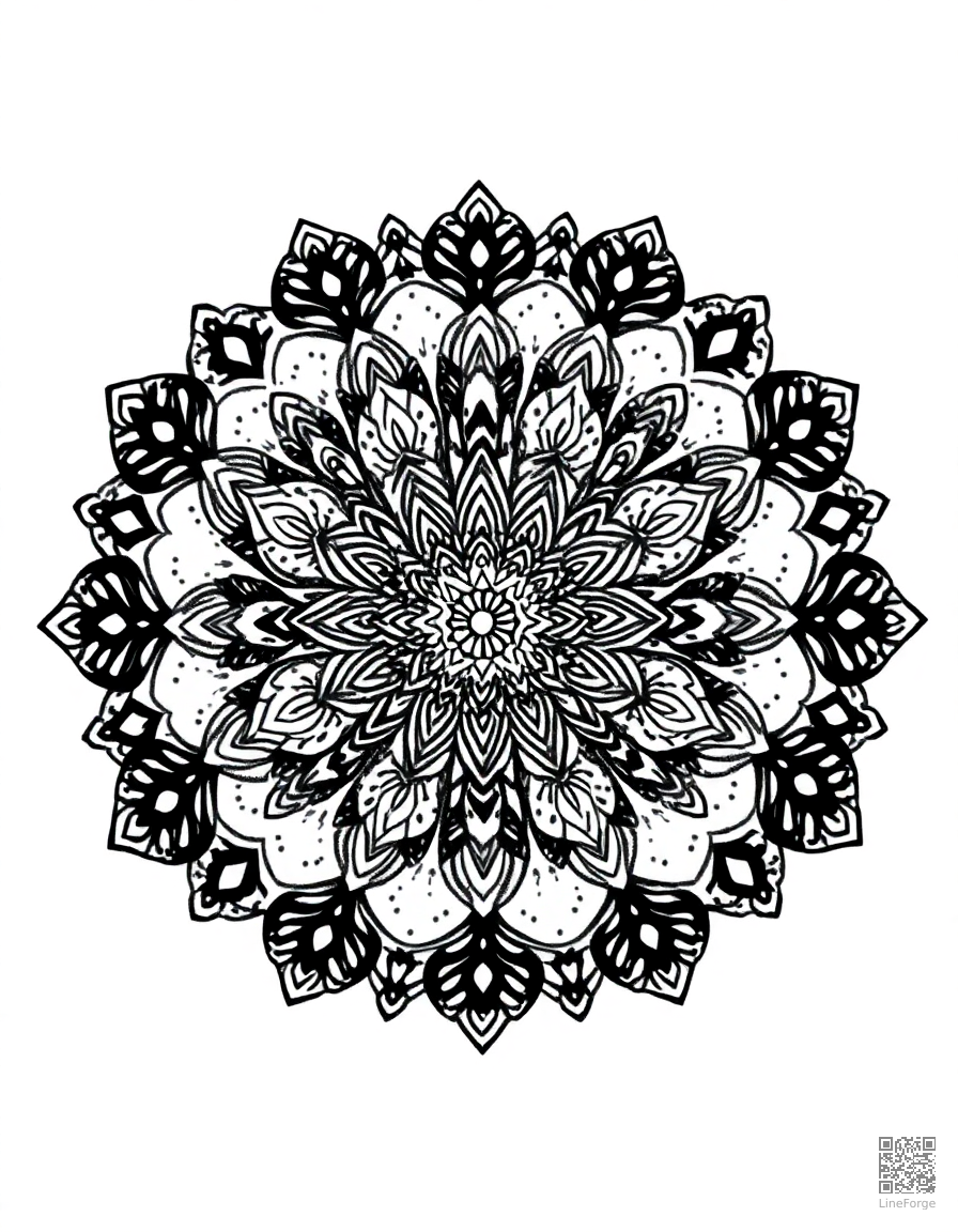 Intricate mandala with floral patterns coloring page Stipple style - free printable