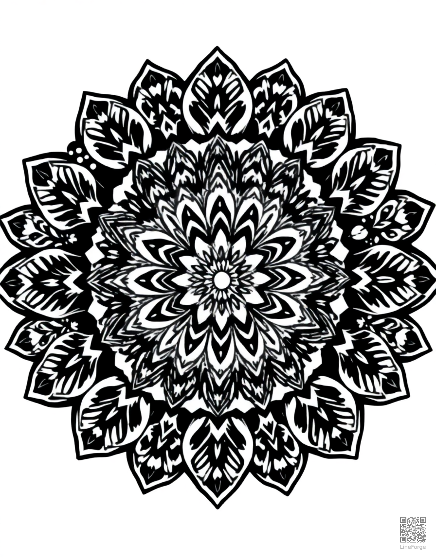 Intricate mandala with floral patterns coloring page Woodcut style - free printable