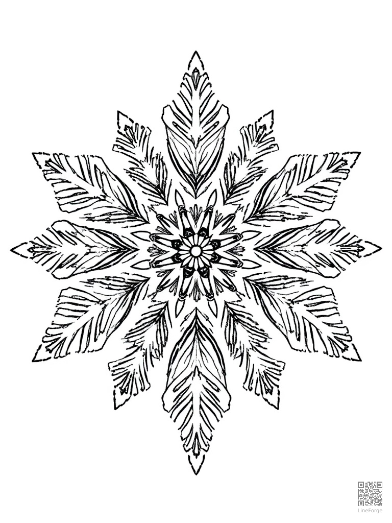 Intricate snowflake design with crystal patterns coloring page Crosshatch style - free printable