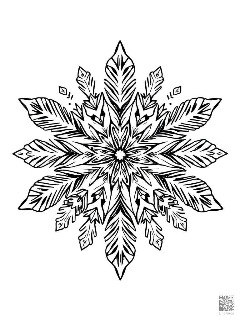 Intricate snowflake design with crystal patterns coloring page Woodcut style - free printable