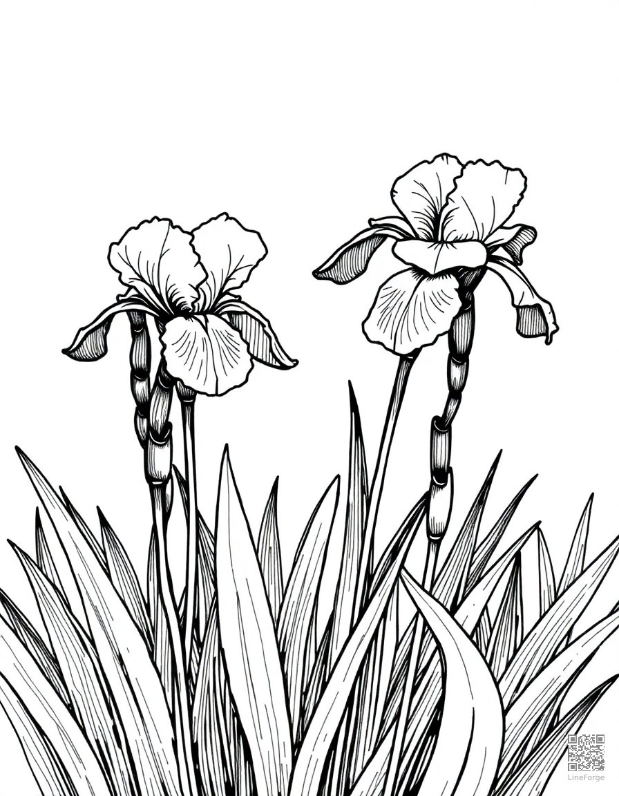 iris flowers in a formal garden coloring page Crosshatch style free printable