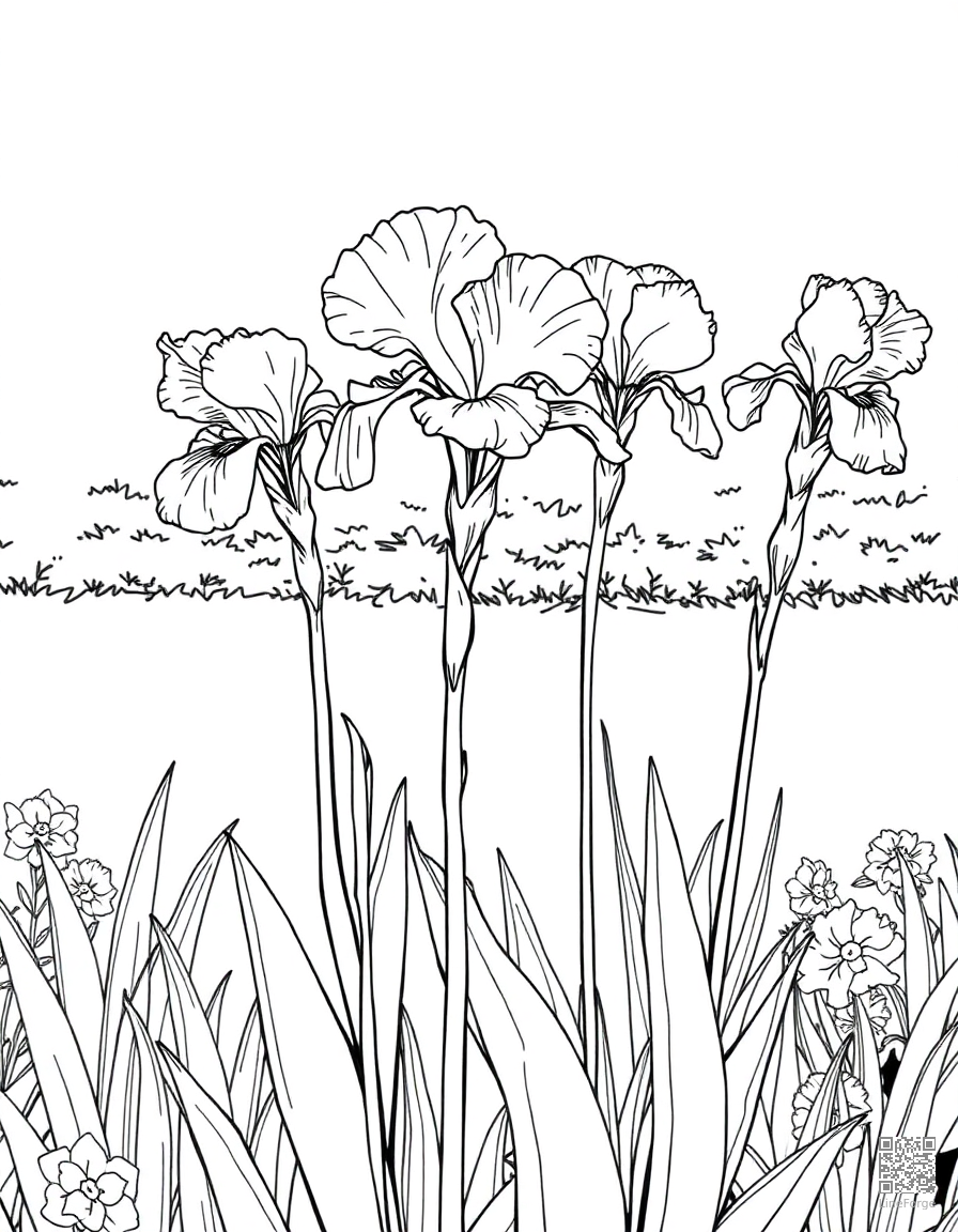 iris flowers in a formal garden coloring page Manga style free printable