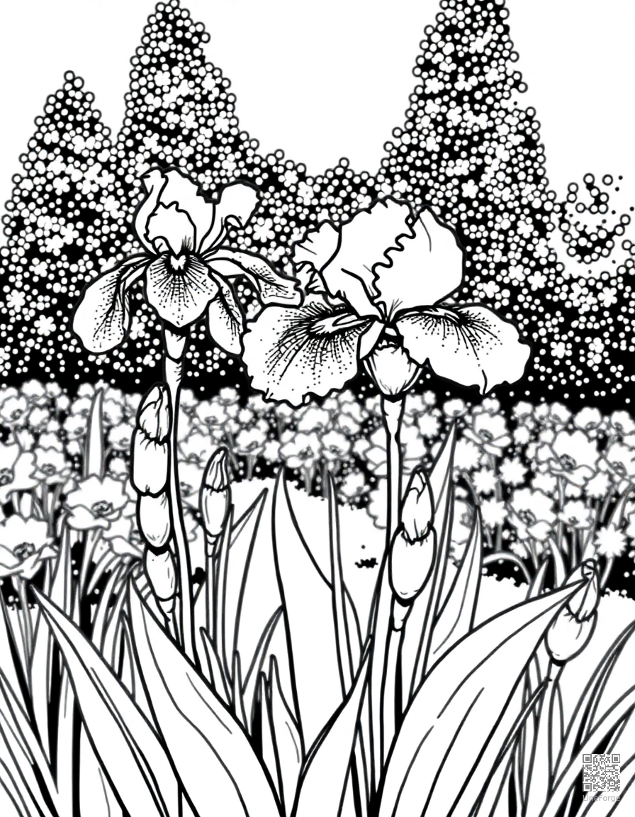 iris flowers in a formal garden coloring page Stipple style free printable