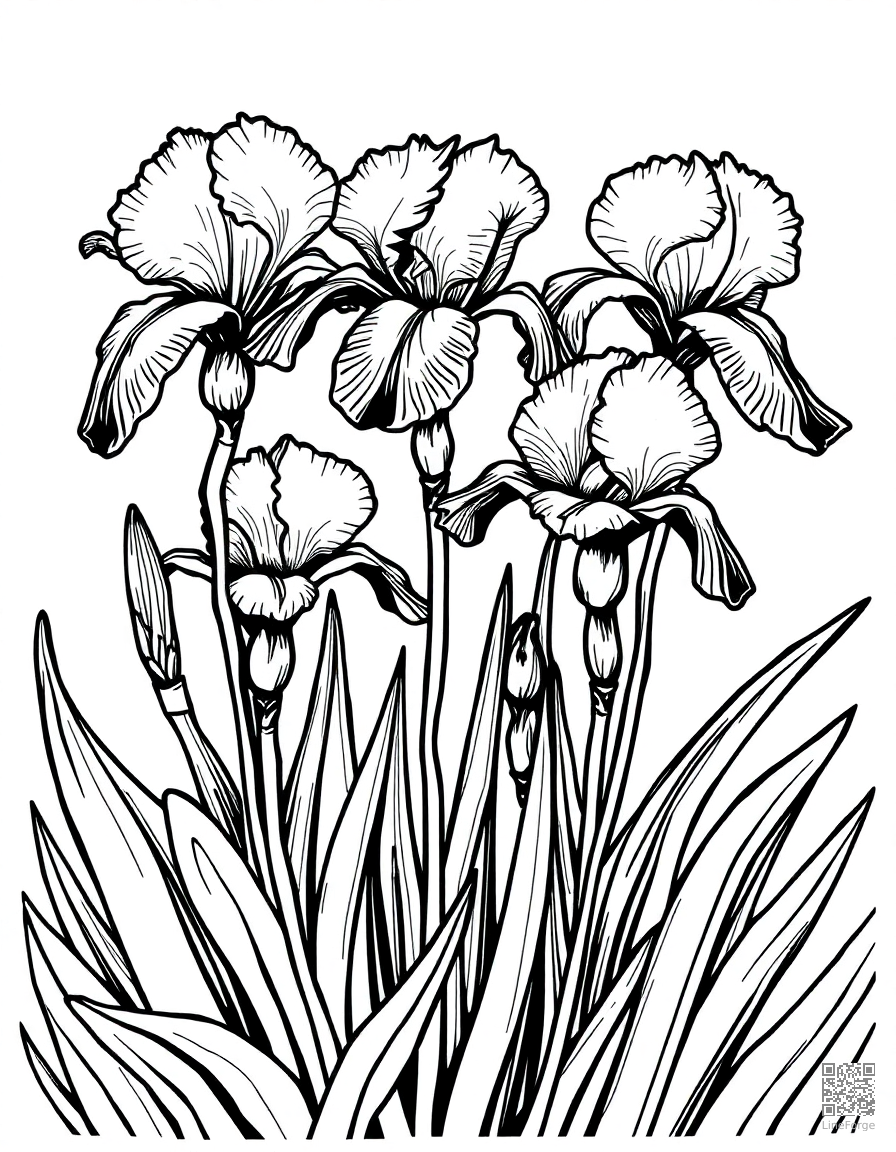 iris flowers in a formal garden coloring page Woodcut style free printable