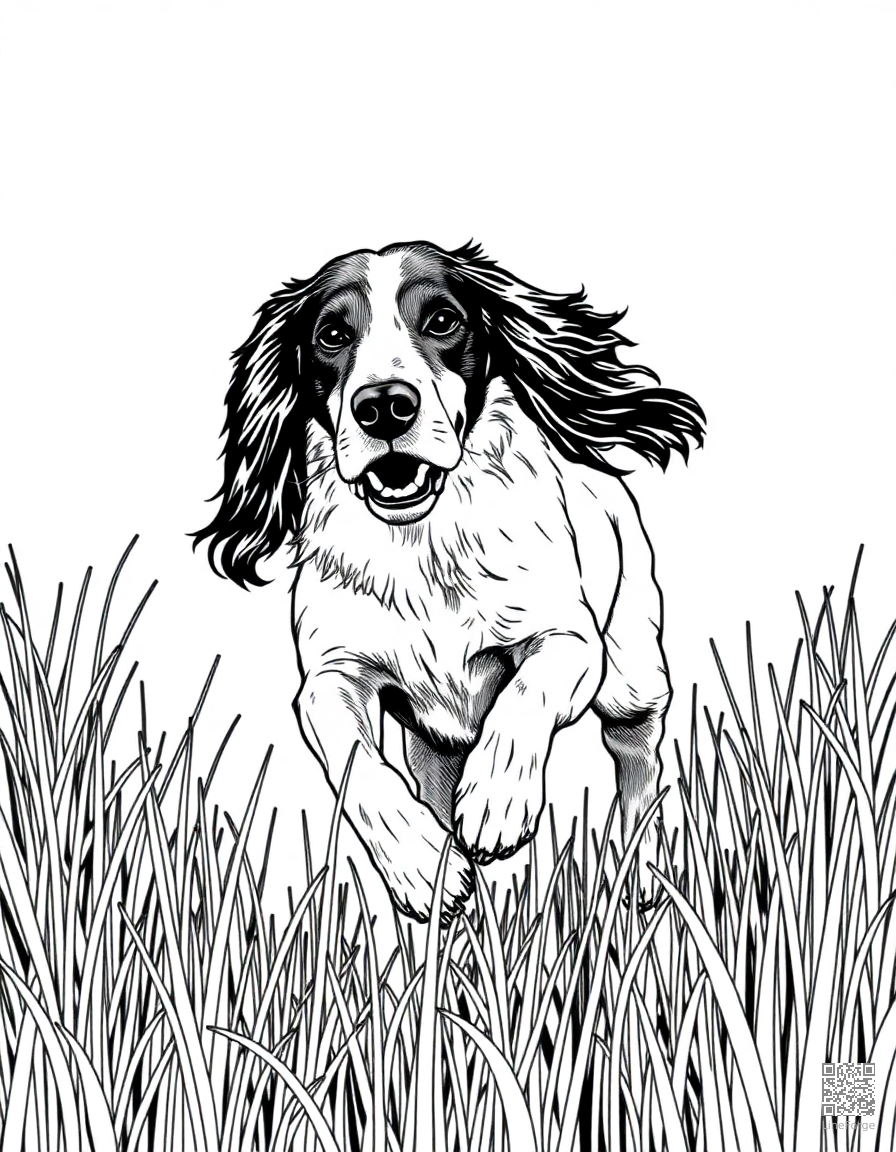 irish setter running through tall grass coloring page Crosshatch style - free printable