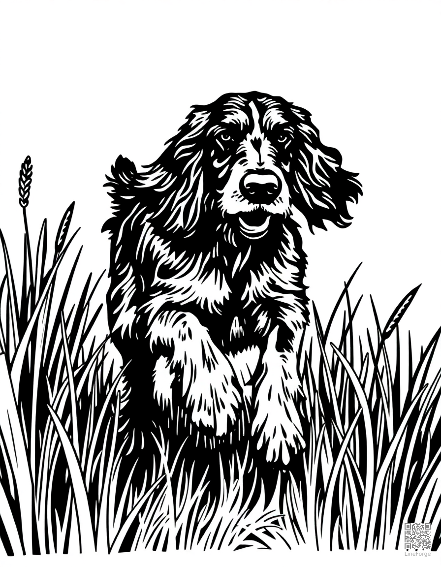irish setter running through tall grass coloring page Woodcut style - free printable