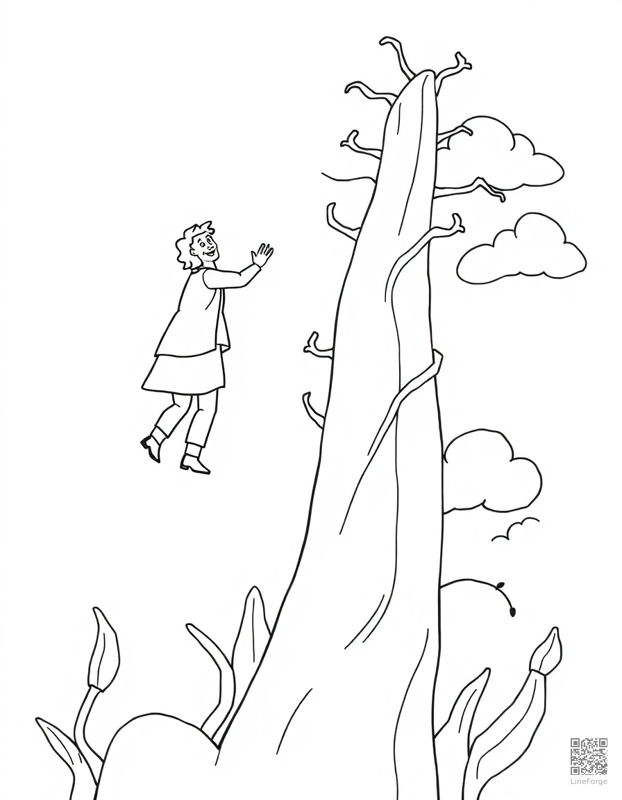 jack climbing the beanstalk to the clouds coloring page Contour style - free printable