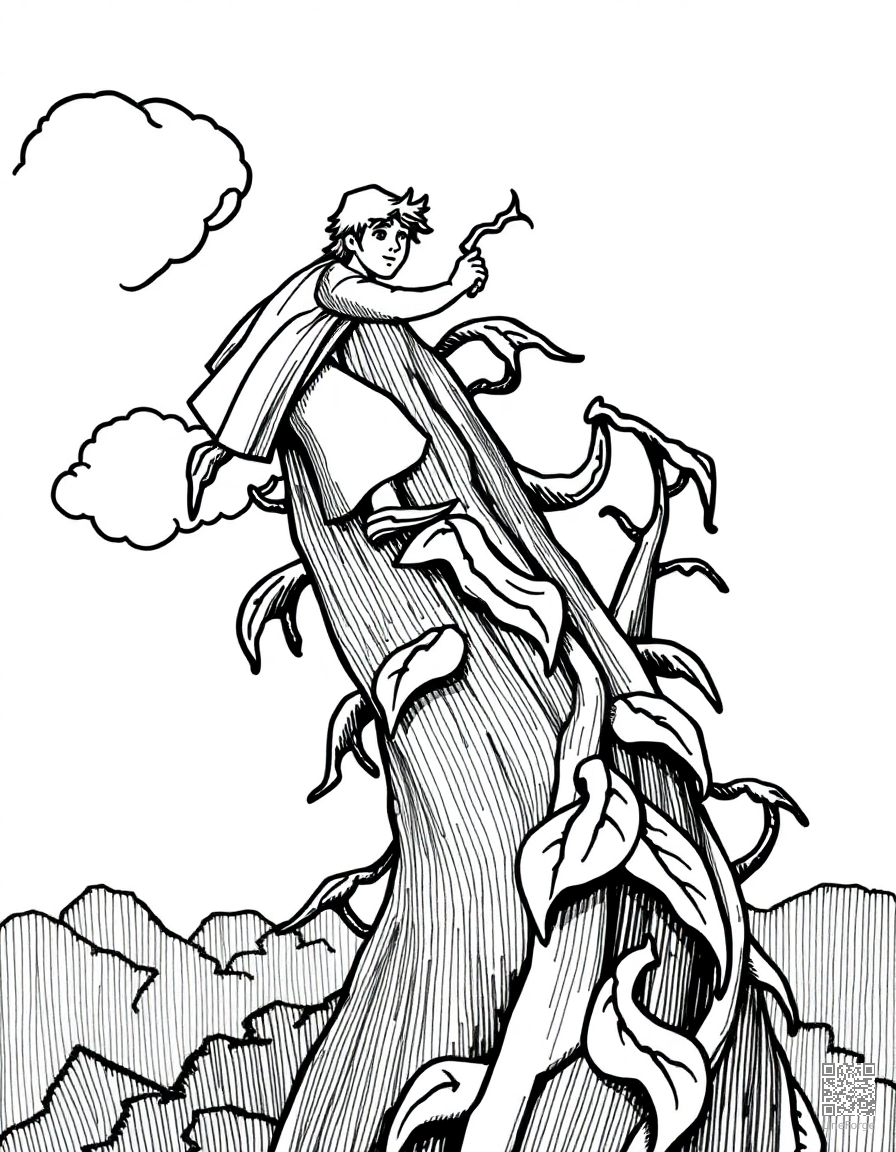 jack climbing the beanstalk to the clouds coloring page Crosshatch style - free printable