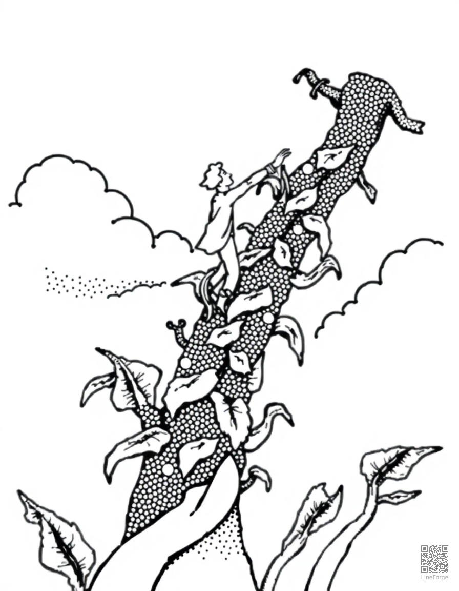jack climbing the beanstalk to the clouds coloring page Stipple style - free printable