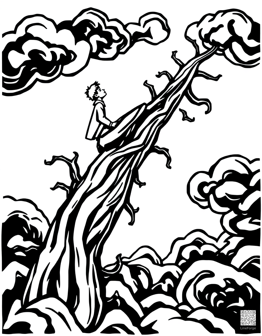 jack climbing the beanstalk to the clouds coloring page Woodcut style - free printable