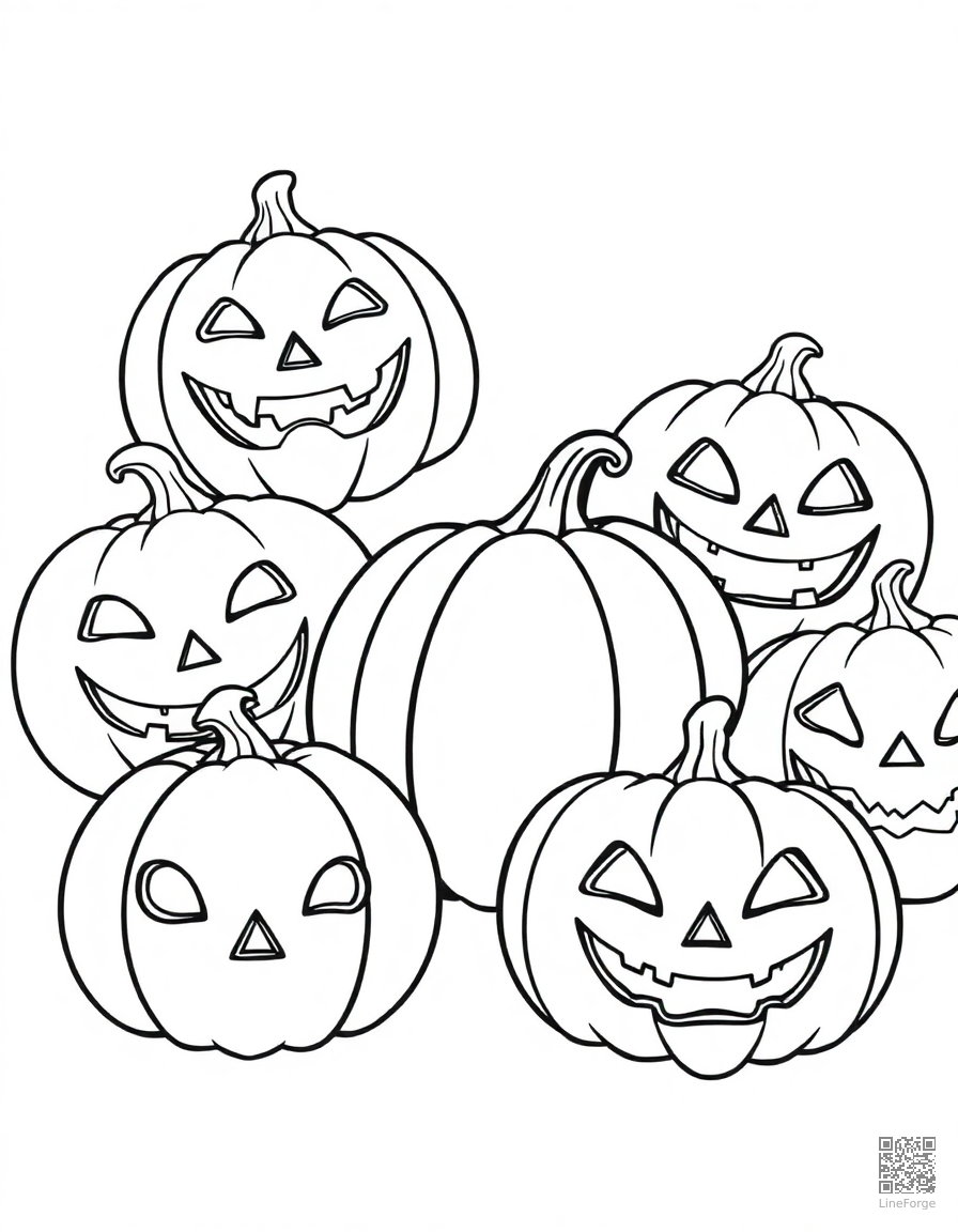 jack-o-lantern collection with different faces coloring page Contour style - free printable