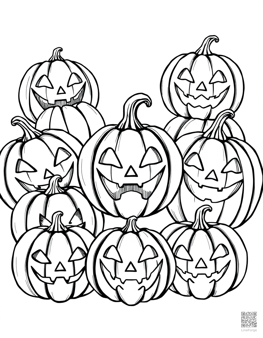 jack-o-lantern collection with different faces coloring page Crosshatch style - free printable