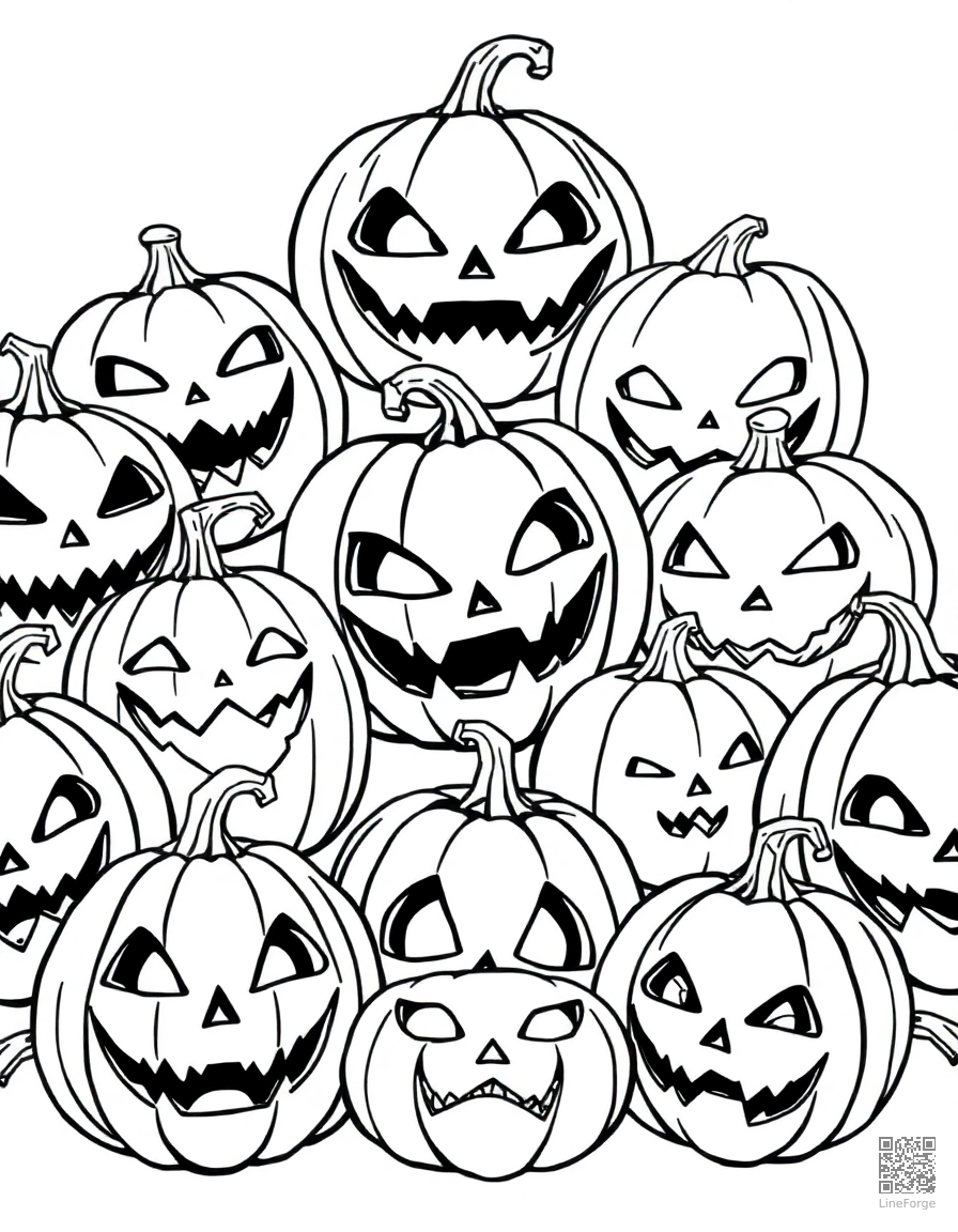 jack-o-lantern collection with different faces coloring page Manga style - free printable