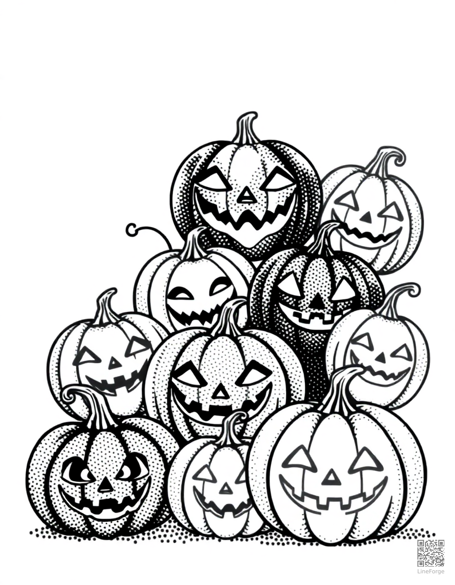 jack-o-lantern collection with different faces coloring page Stipple style - free printable