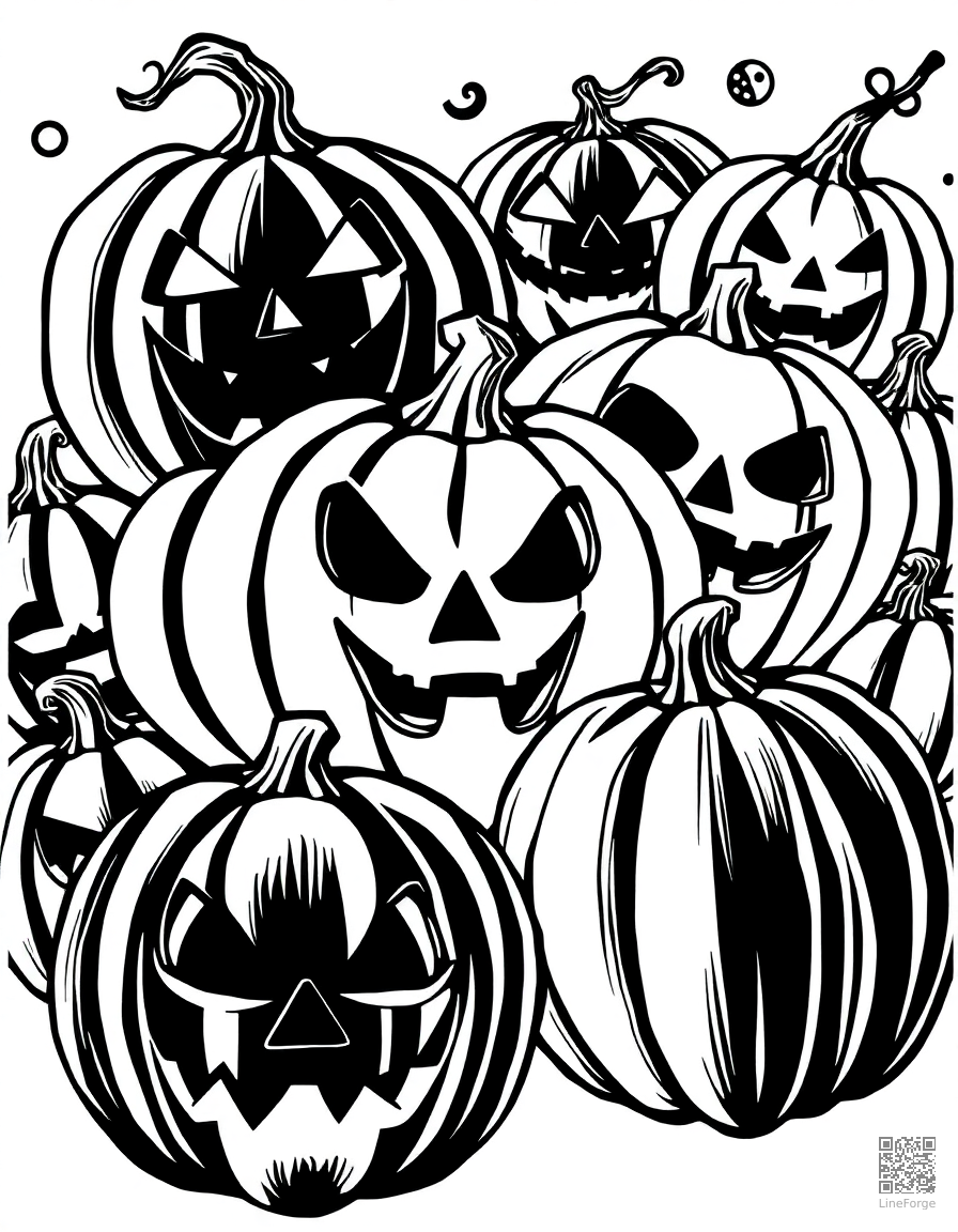 jack-o-lantern collection with different faces coloring page Woodcut style - free printable