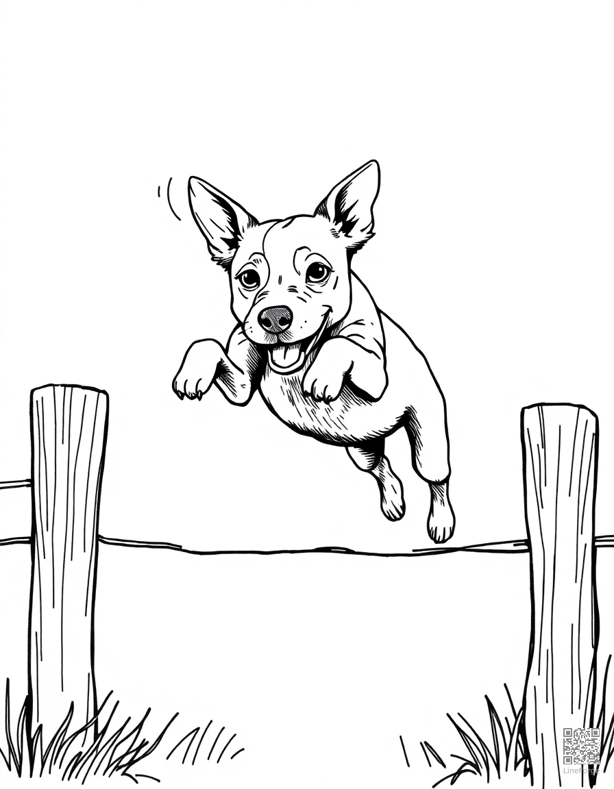 jack russell terrier jumping over a fence coloring page Crosshatch style - free printable