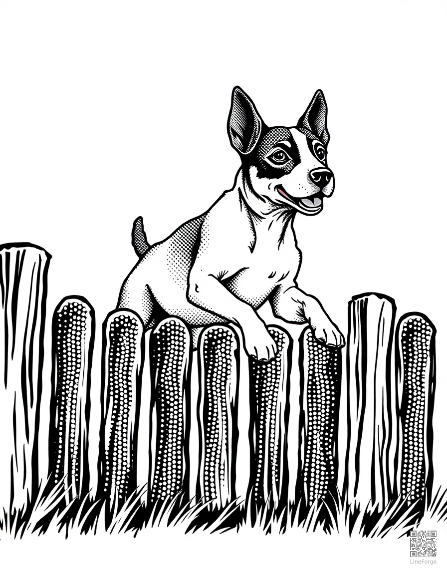 jack russell terrier jumping over a fence coloring page Stipple style - free printable