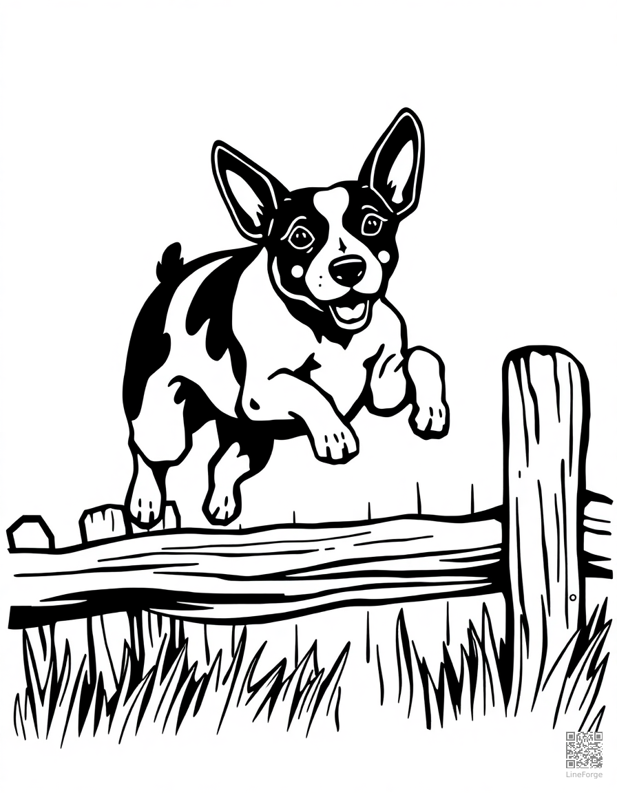 jack russell terrier jumping over a fence coloring page Woodcut style - free printable