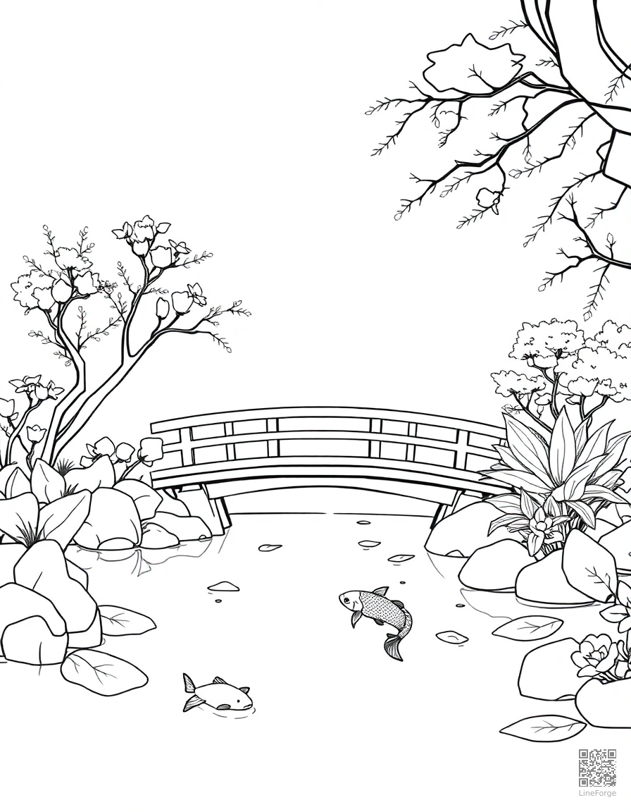 Free japanese garden with bridge over koi pond coloring page in contour style — printable line art