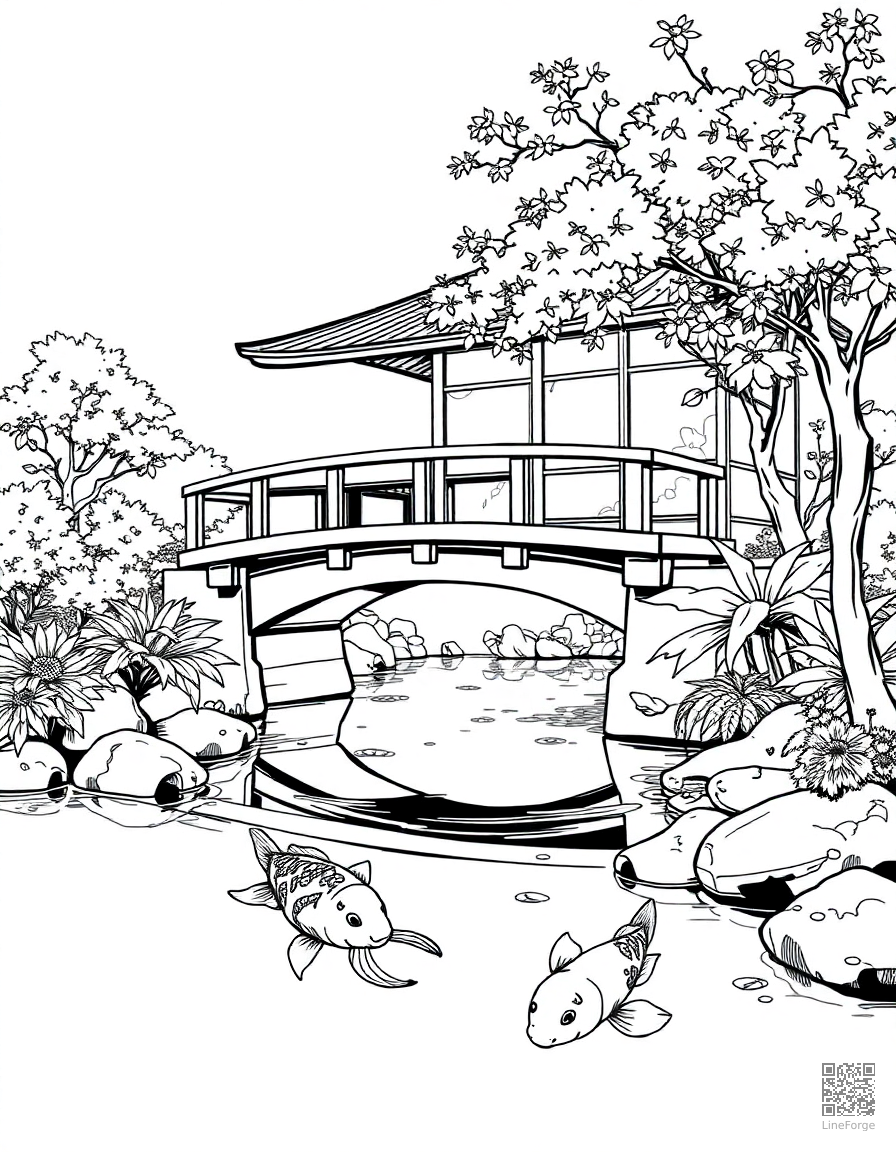 Free japanese garden with bridge over koi pond coloring page in manga style — printable line art
