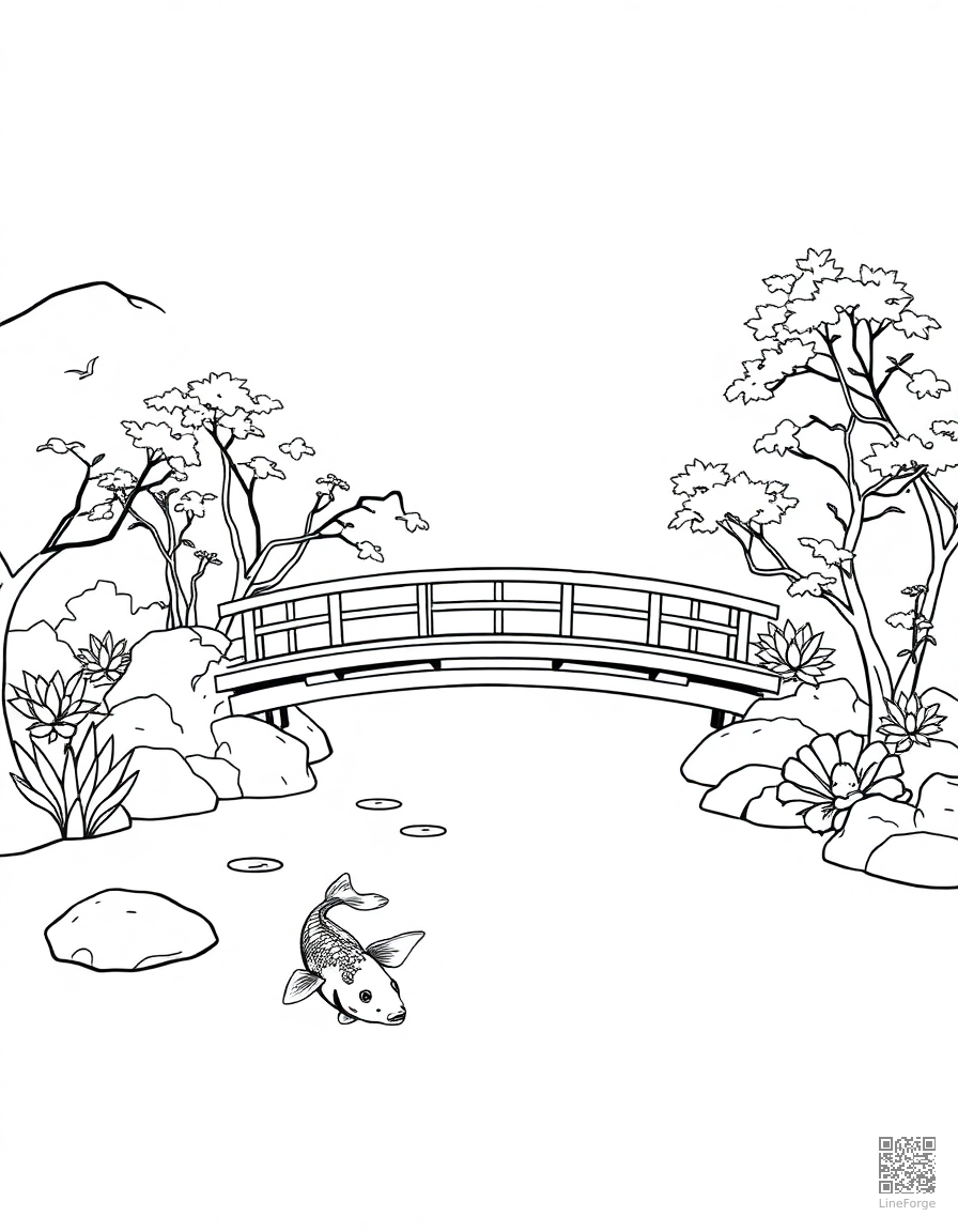 Free japanese garden with bridge over koi pond coloring page in minimal style — printable line art