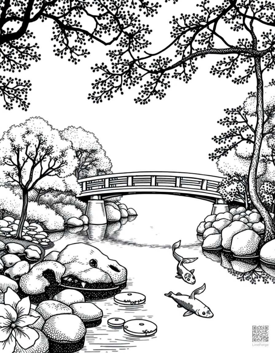 Free japanese garden with bridge over koi pond coloring page in stipple style — printable line art