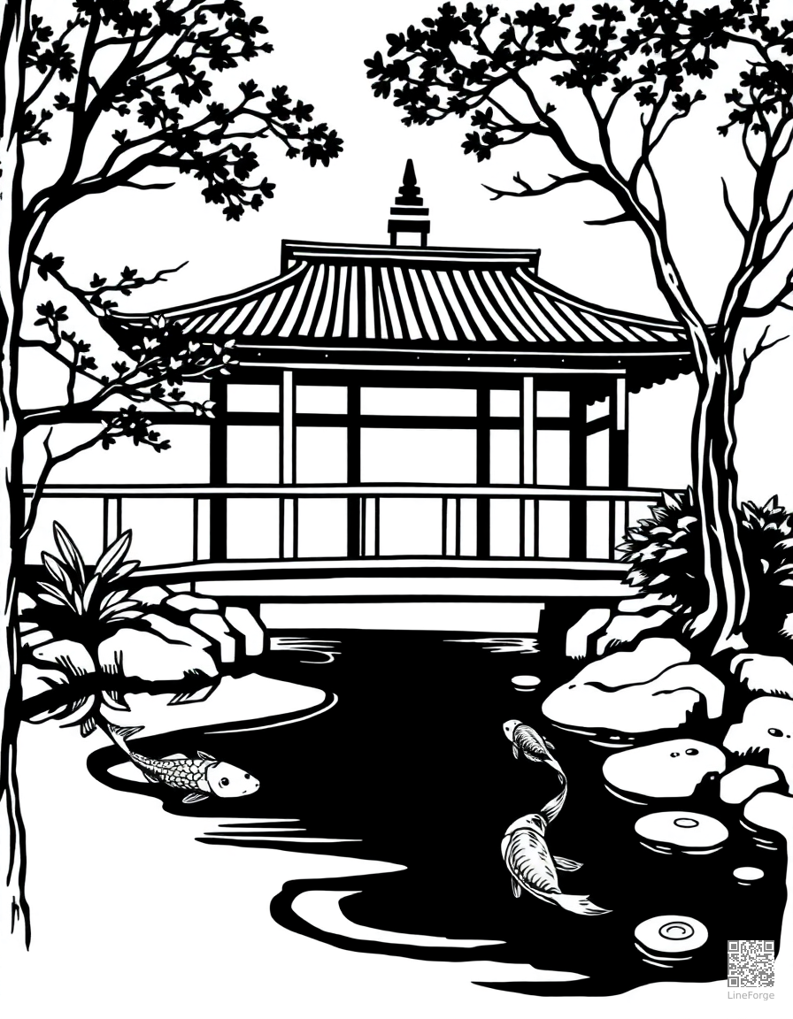 Free japanese garden with bridge over koi pond coloring page in woodcut style — printable line art