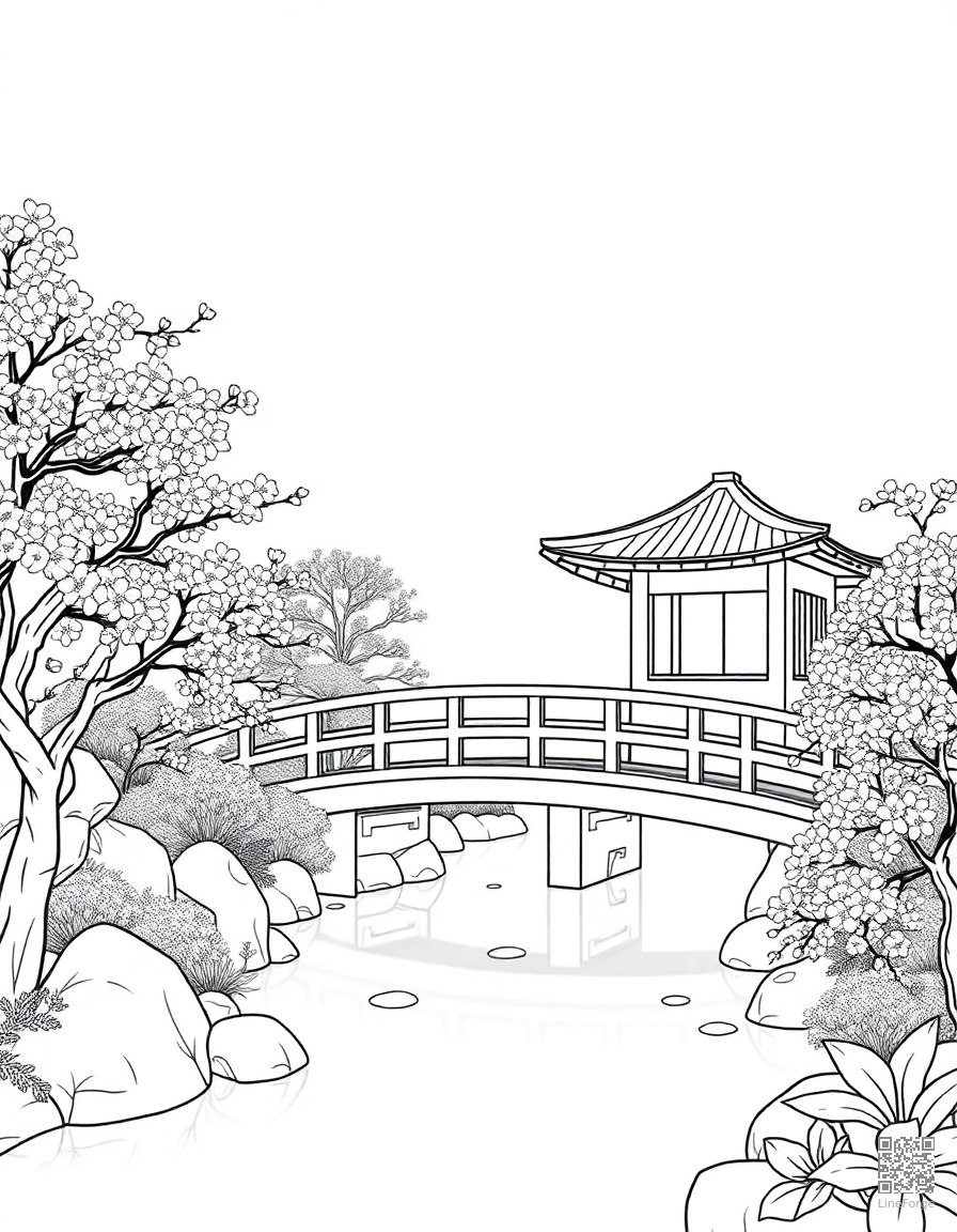 Free japanese garden with cherry blossoms and bridge coloring page in contour style — printable line art