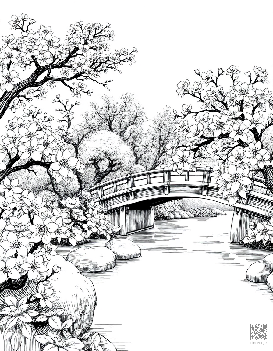 Free japanese garden with cherry blossoms and bridge coloring page in crosshatch style — printable line art