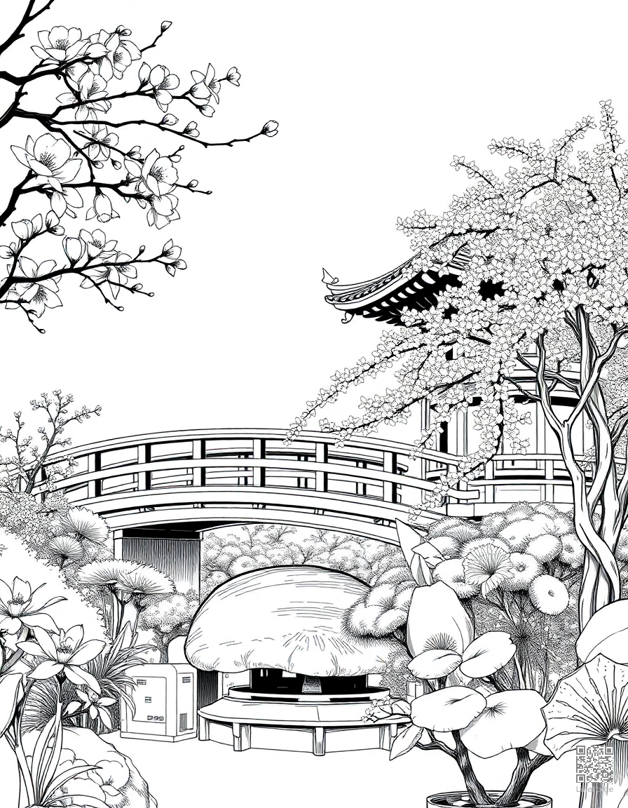 Free japanese garden with cherry blossoms and bridge coloring page in manga style — printable line art