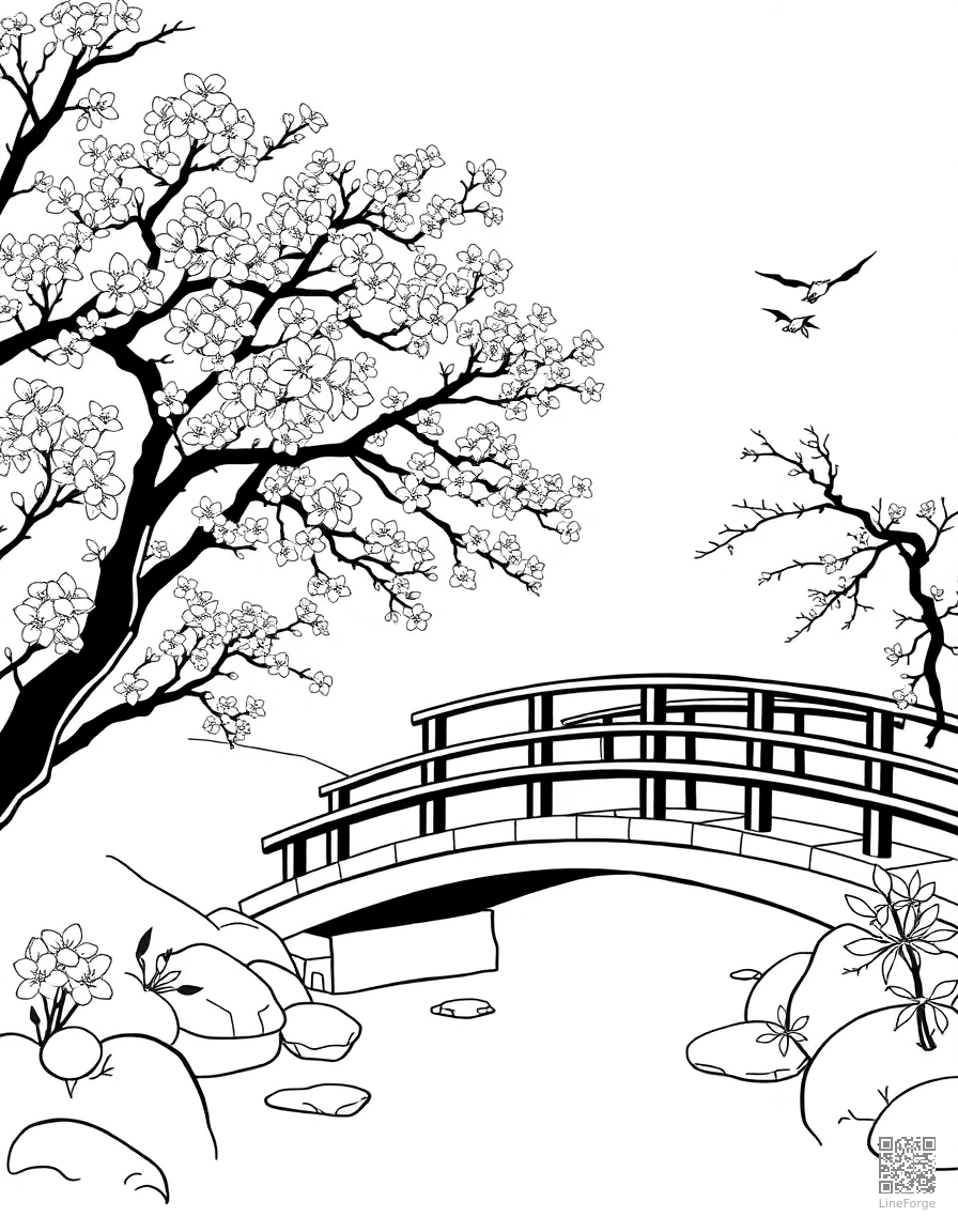 Free japanese garden with cherry blossoms and bridge coloring page in minimal style — printable line art