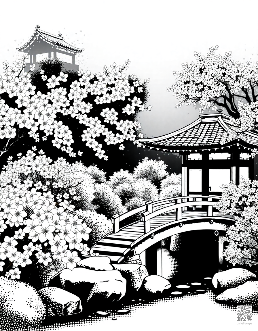Free japanese garden with cherry blossoms and bridge coloring page in stipple style — printable line art