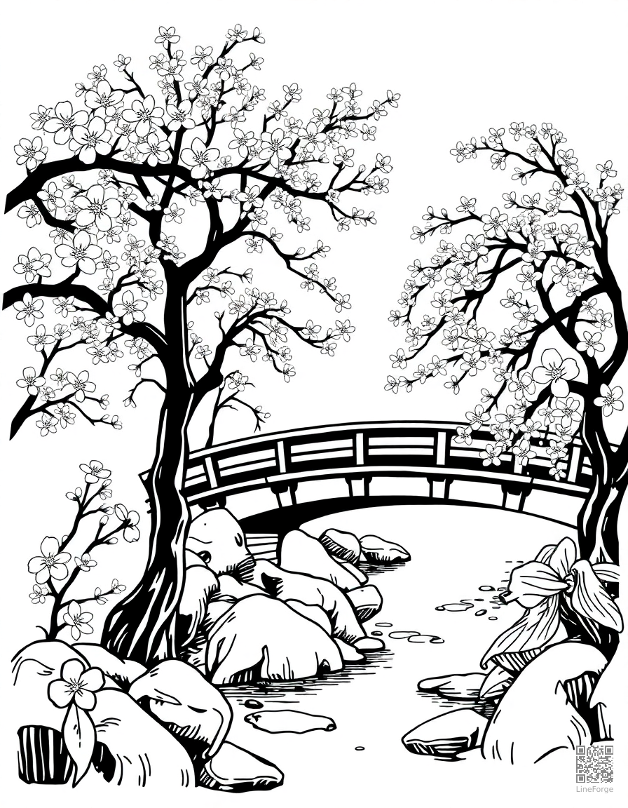 Free japanese garden with cherry blossoms and bridge coloring page in woodcut style — printable line art