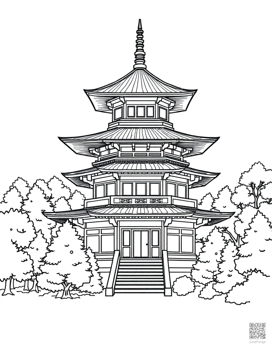 Japanese pagoda surrounded by trees coloring page Contour style - free printable