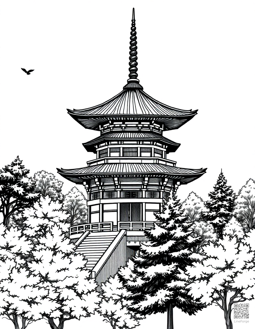 Japanese pagoda surrounded by trees coloring page Crosshatch style - free printable
