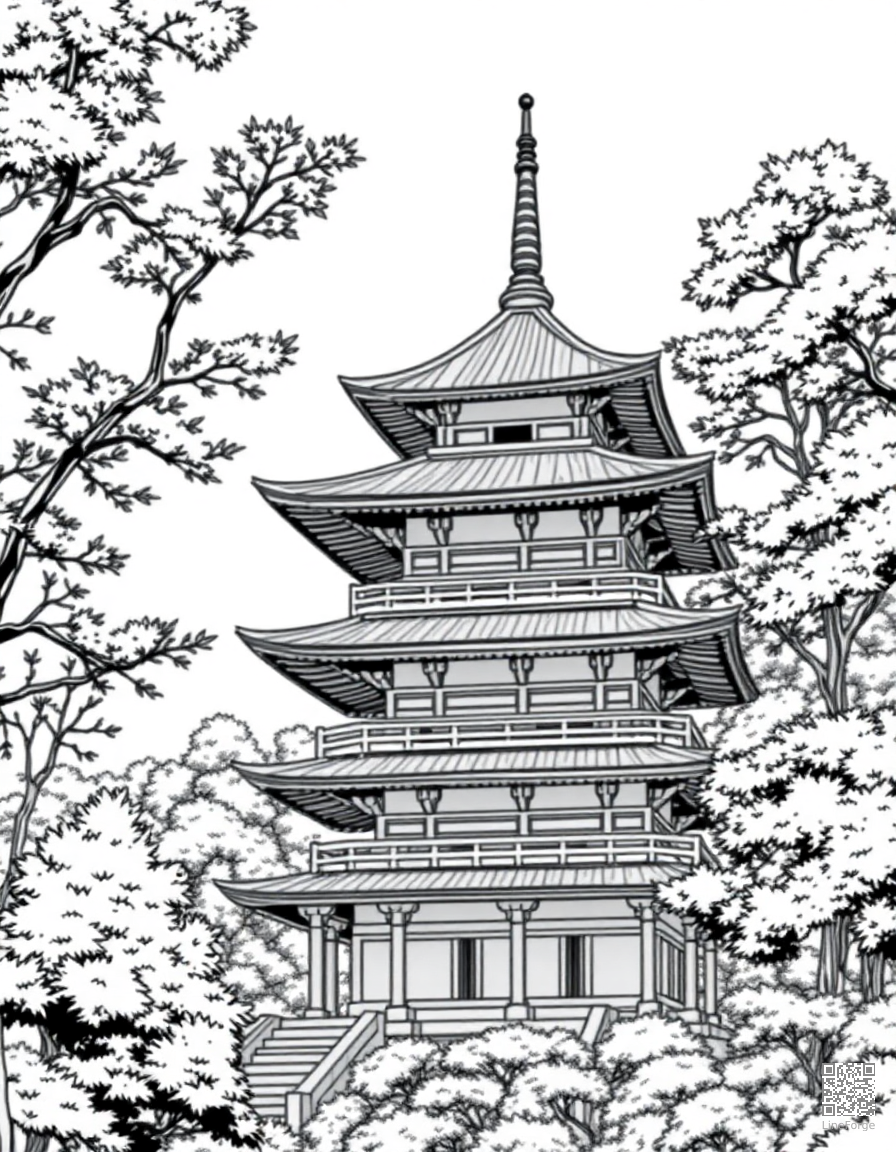 Japanese pagoda surrounded by trees coloring page Manga style - free printable