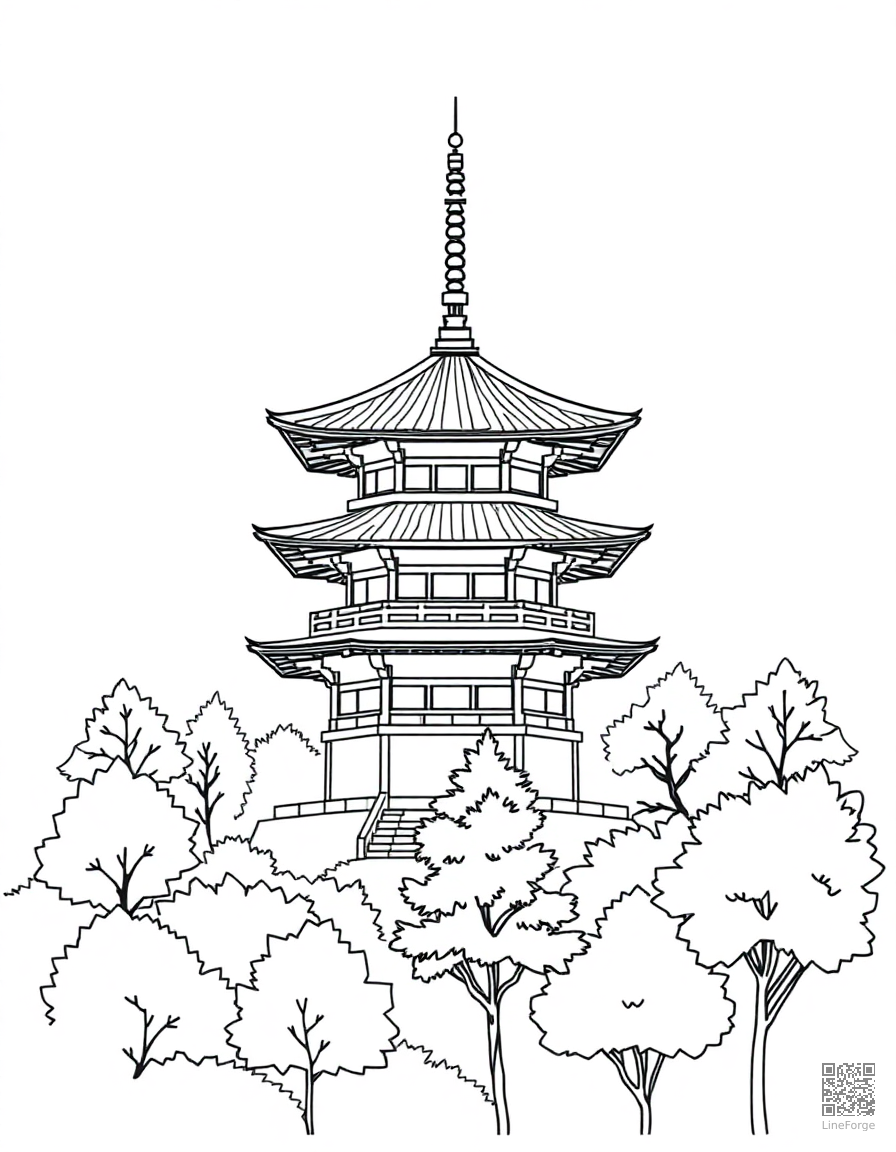 Japanese pagoda surrounded by trees coloring page Minimal style - free printable