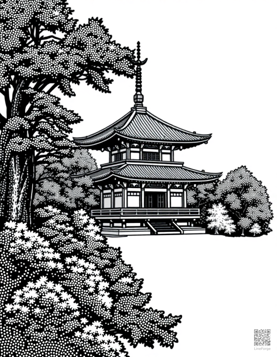 Japanese pagoda surrounded by trees coloring page Stipple style - free printable