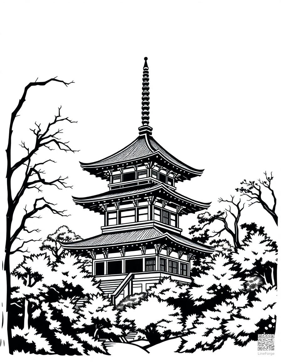 Japanese pagoda surrounded by trees coloring page Woodcut style - free printable