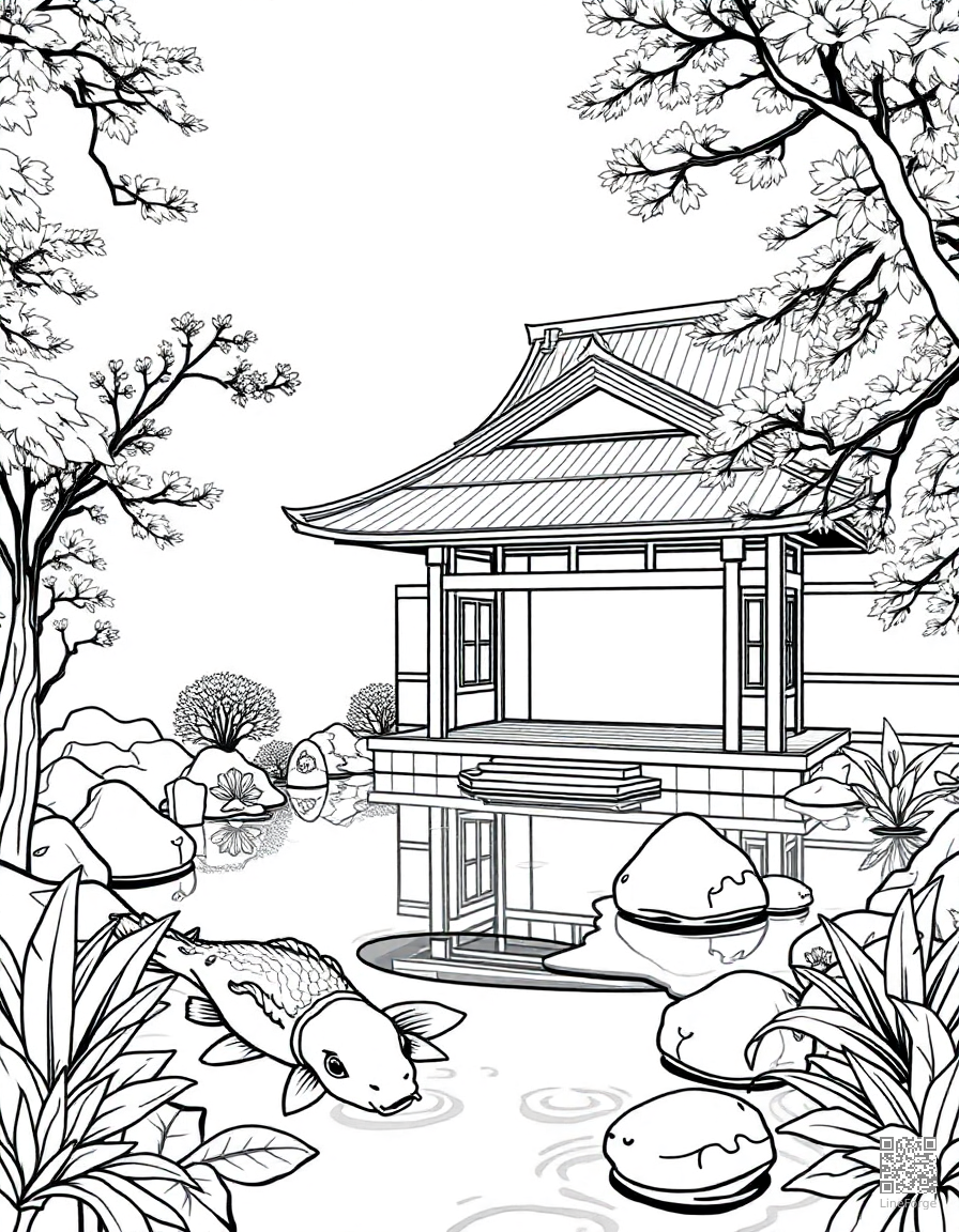 Free japanese temple garden with koi pond coloring page in contour style — printable line art