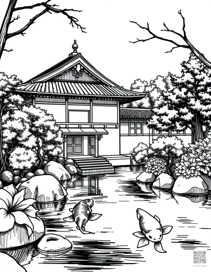Free japanese temple garden with koi pond coloring page in crosshatch style — printable line art