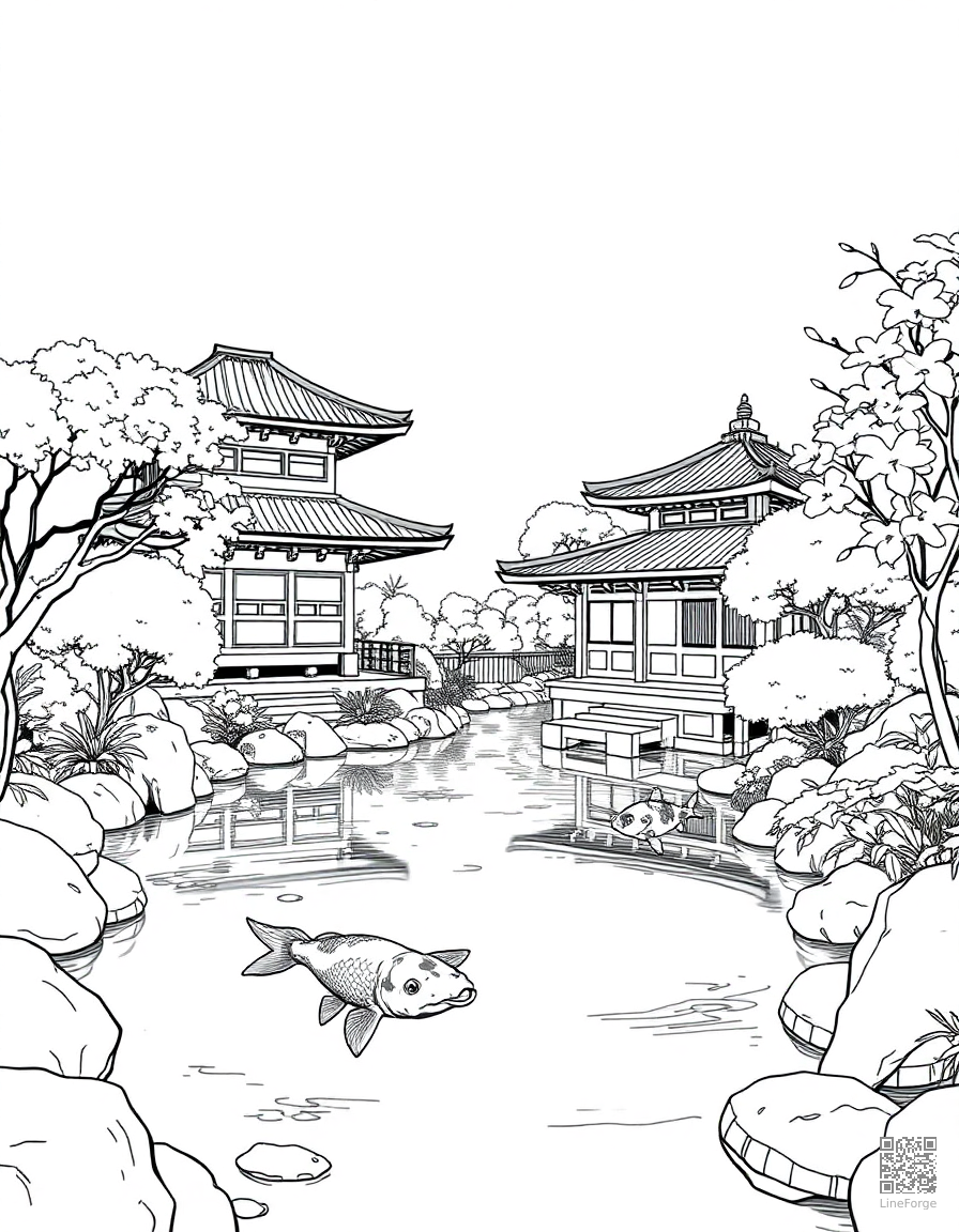 Free japanese temple garden with koi pond coloring page in manga style — printable line art