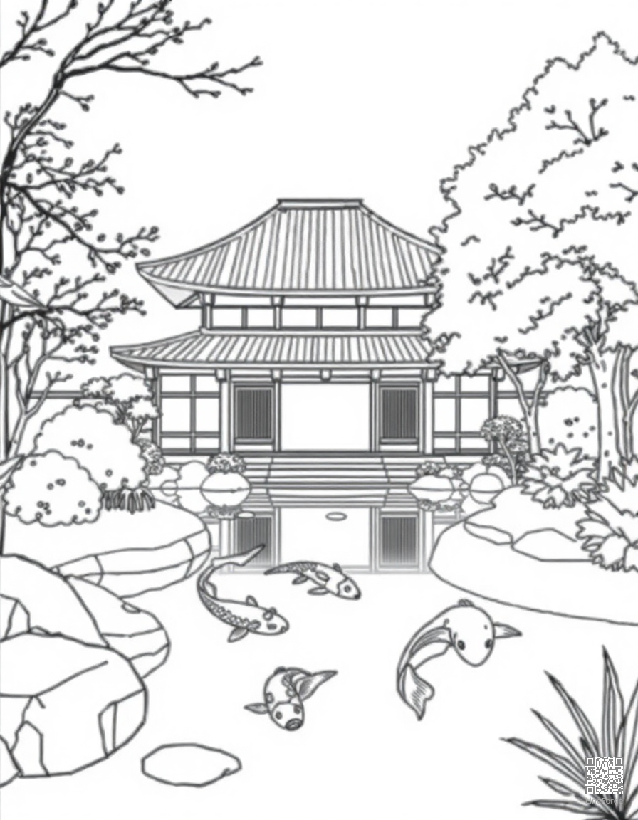Free japanese temple garden with koi pond coloring page in minimal style — printable line art