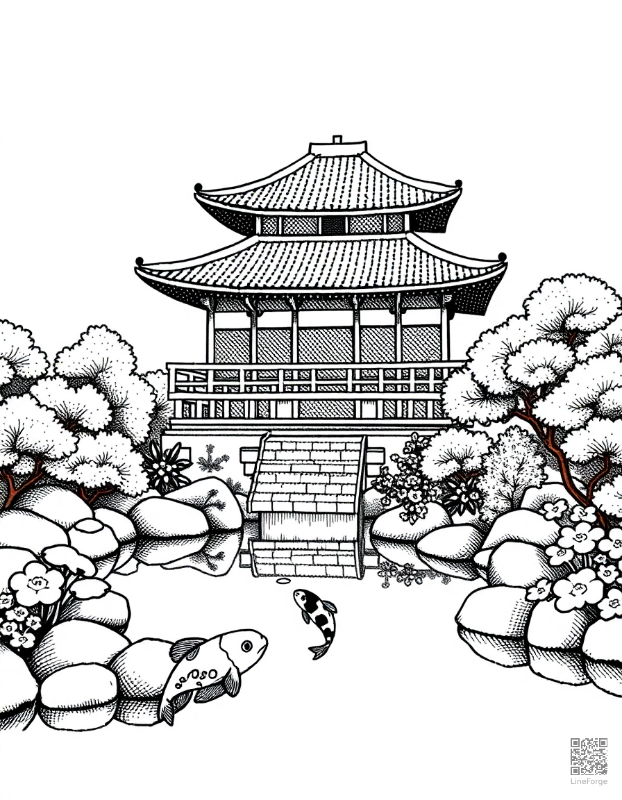 Free japanese temple garden with koi pond coloring page in stipple style — printable line art