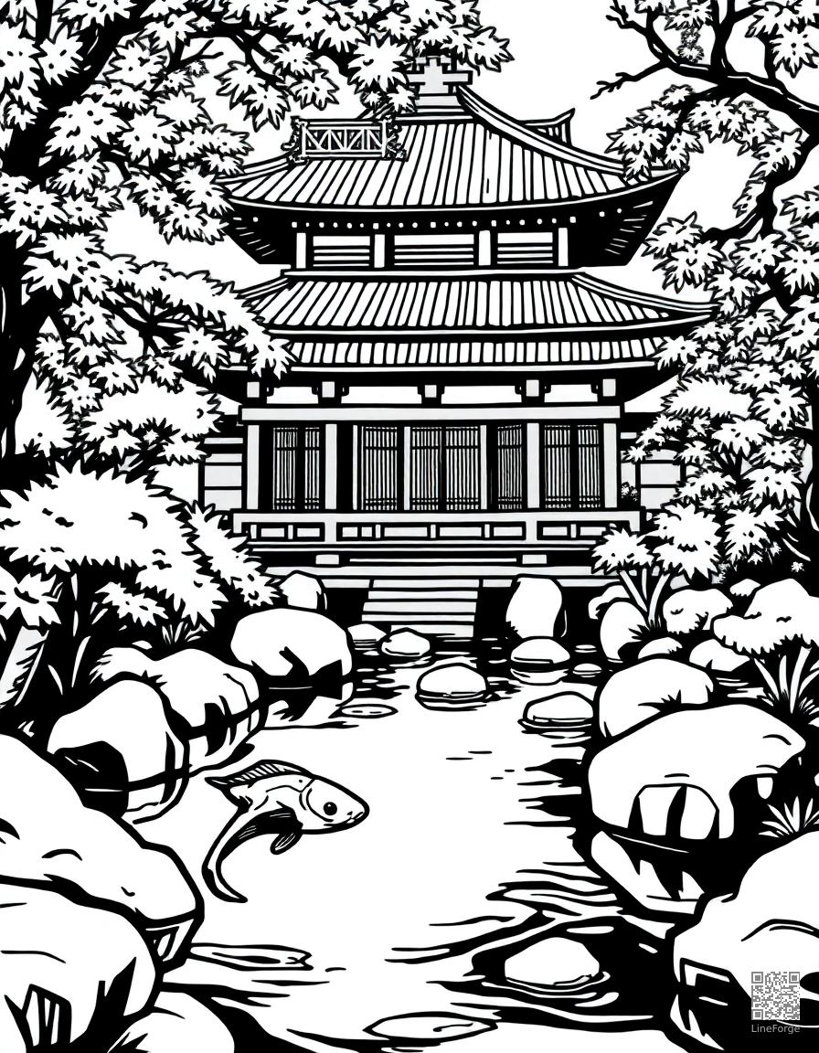 Free japanese temple garden with koi pond coloring page in woodcut style — printable line art