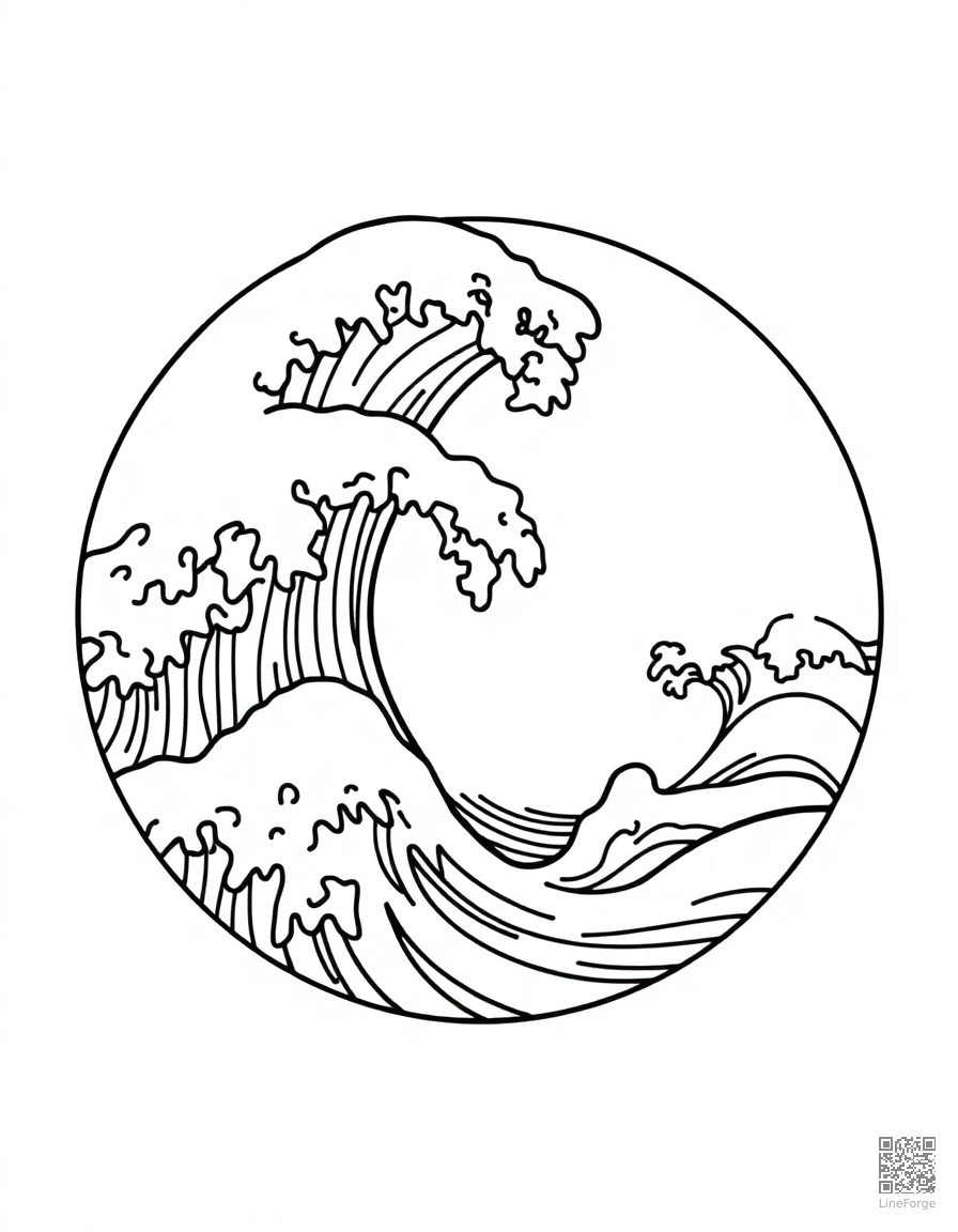 japanese wave pattern in circular form coloring page Contour style - free printable