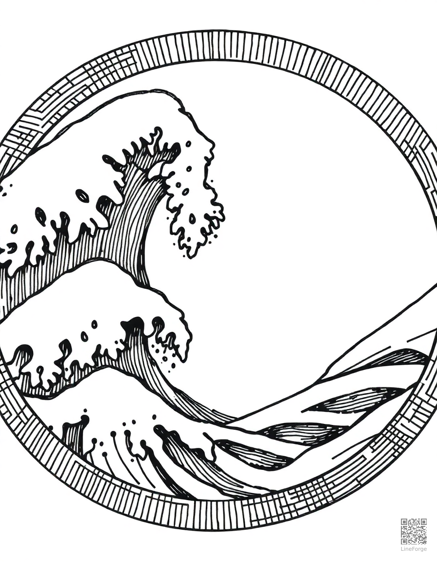 japanese wave pattern in circular form coloring page Crosshatch style - free printable