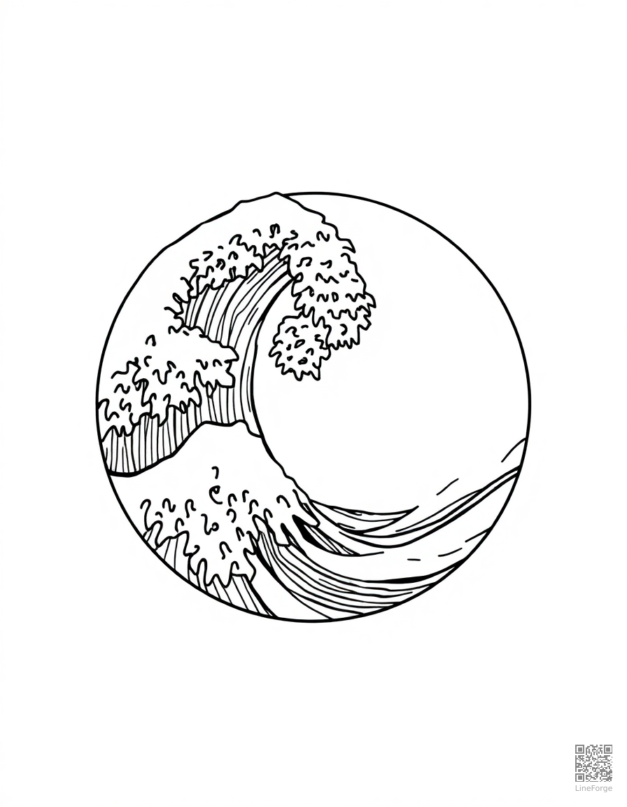 japanese wave pattern in circular form coloring page Manga style - free printable