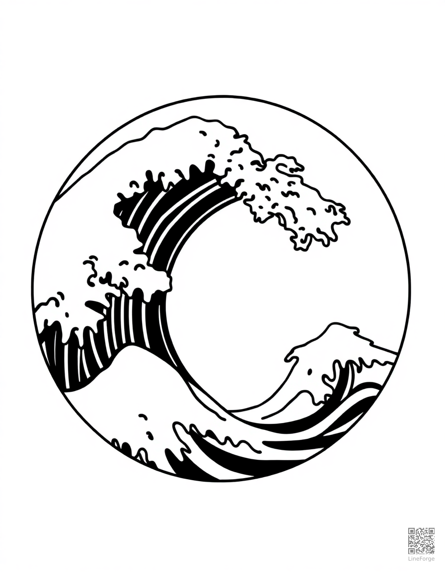 japanese wave pattern in circular form coloring page Minimal style - free printable